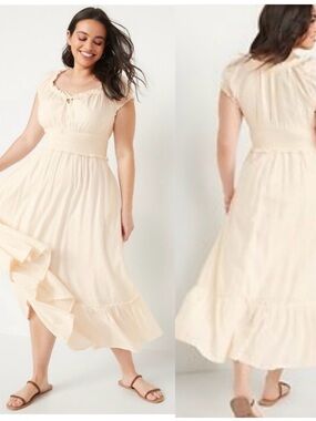 Old Navy Ivory Elastic Waist Puff Sleeve Midi Cotton Dress Tiered Women’s 4X